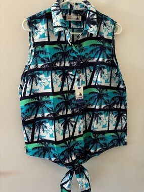 Women’s Seaspice Resort Wear Tropical Palm Print Tie-Front Shirt Size XL NWT